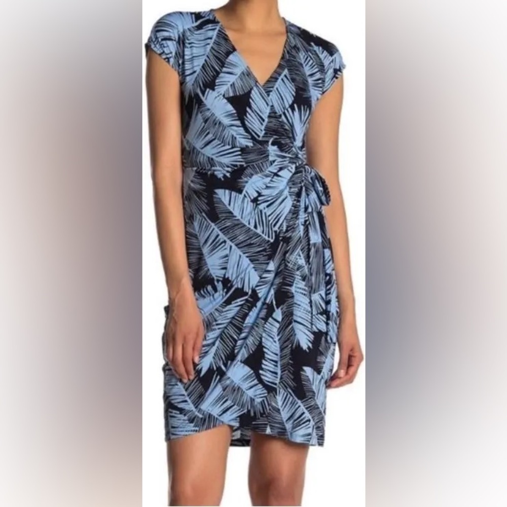 Maggy London Palm Leaf Wrap Dress - Navy/Sky Blue